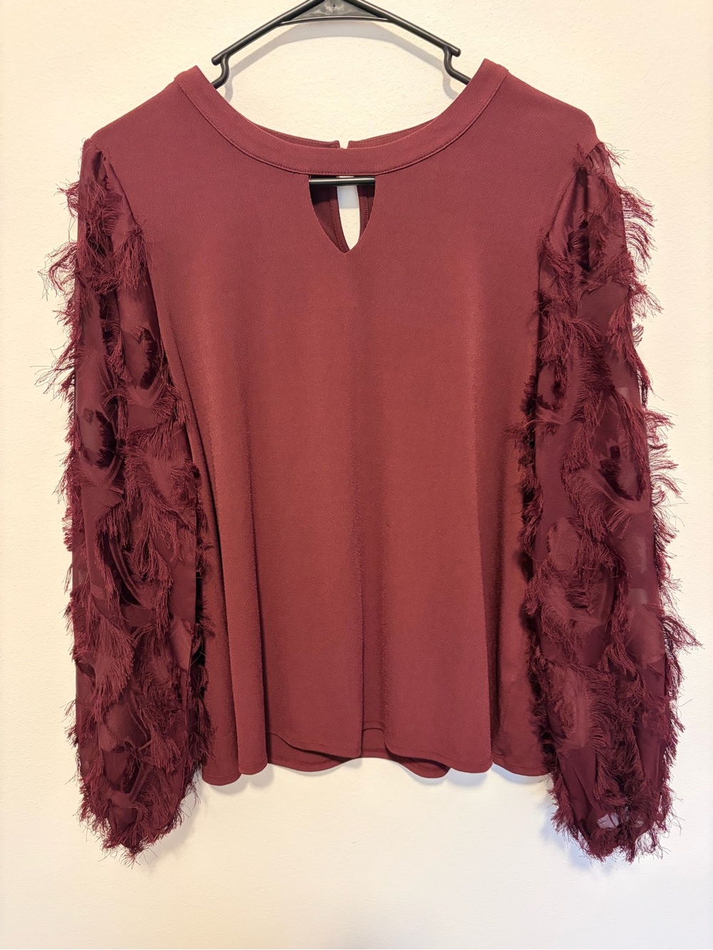 Cato Burgundy Feather-Trim Long Sleeve Top
